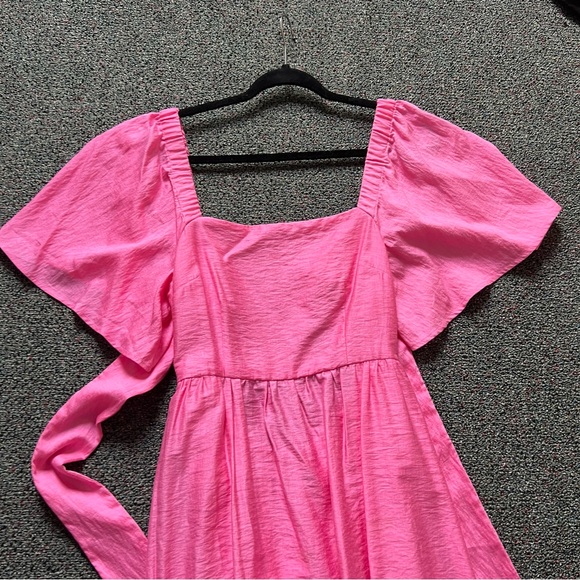 A New Day Bright Pink Midi Puff Flutter Short-Sleeve Tie-Back Ruffle Dress Sz S - Picture 7 of 16